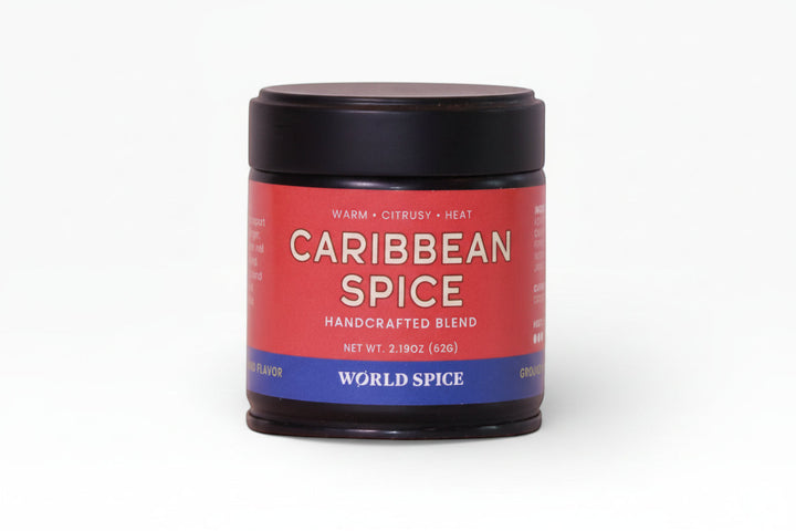Caribbean Spice seasoning jar with black lid and red label