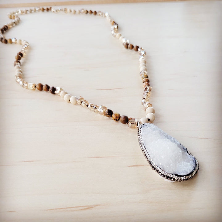 Picture jasper beaded necklace with large light blue teardrop druzy pendant
