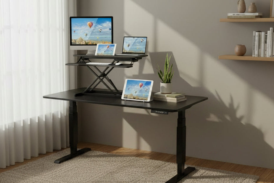 Adjustable Dual Monitor Laptop Desk Riser: Height Convertible Standing Workstation - Sit or Stand for Optimal Ergonomics