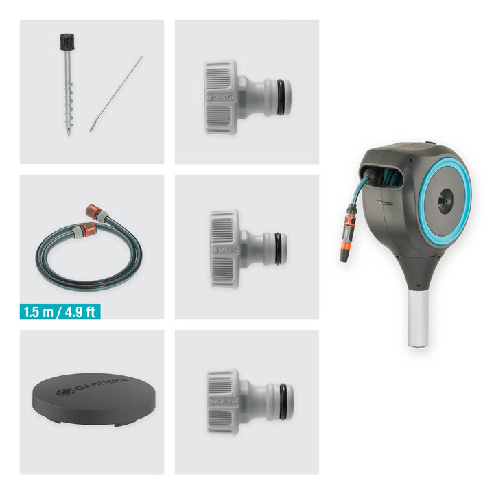 Roll-up garden hose reel bundle with hose, nozzle adapters, and ground stake