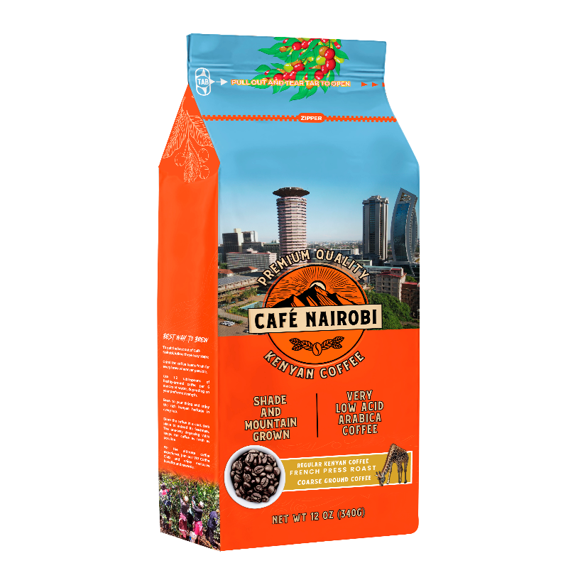Kenyan coffee bag, orange and blue, front panel with Cape Nairobi and coarse ground