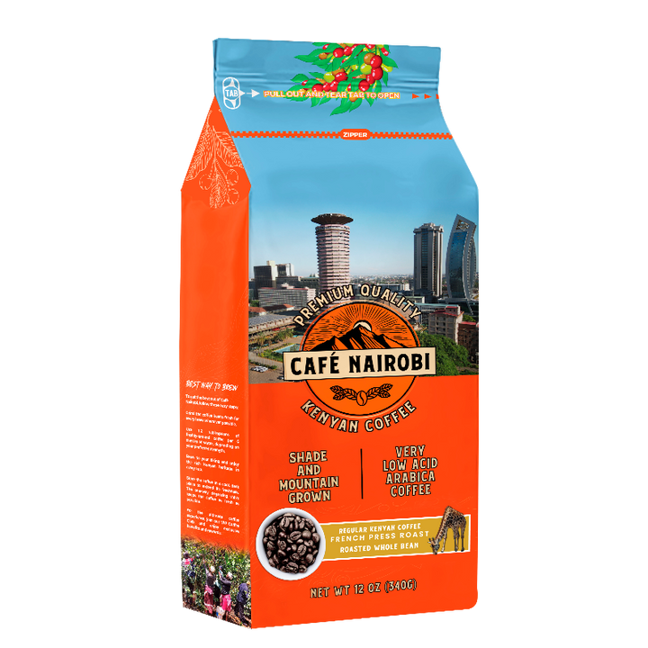 Kenyan coffee bag, orange and blue, front label with Cape Nairobi and dark roast notes