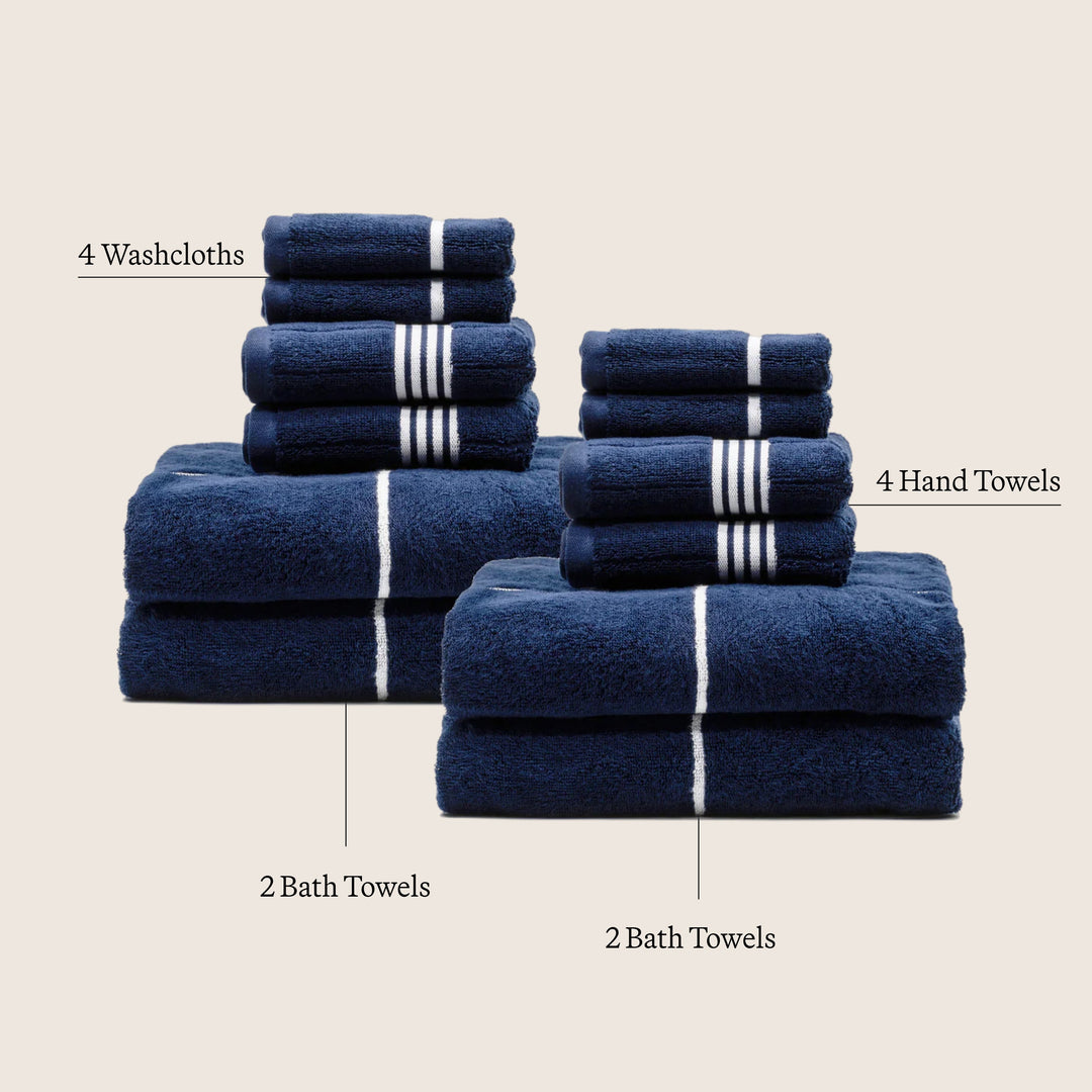 Navy and white cotton towel set with multiple sizes stacked, striped bands visible.