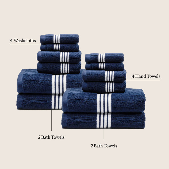 Navy cotton towel assortment: washcloths, hand towels, and bath towels with white stripes