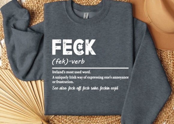 Charcoal gray graphic T-shirt with green "FECK" logo and small definition lines