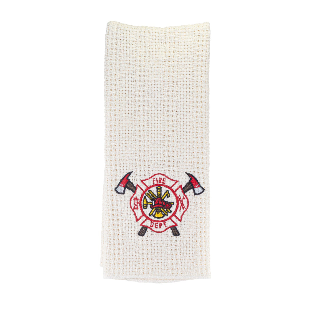 Cream cotton kitchen towel with embroidered fire department emblem and flames