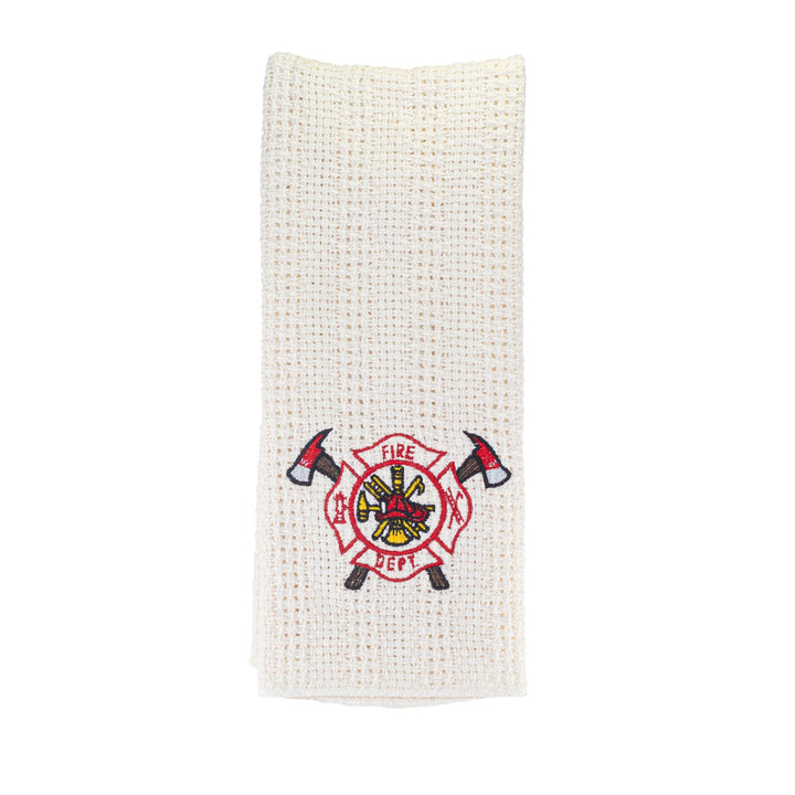 Cream cotton kitchen towel with embroidered fire department emblem and flames