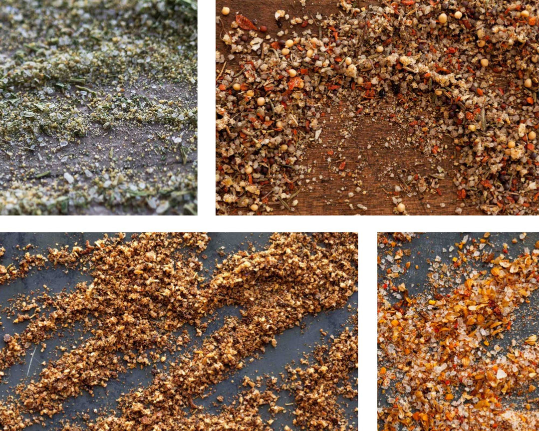 Seasoning blend granules in four close-up views, speckled brown and orange on dark