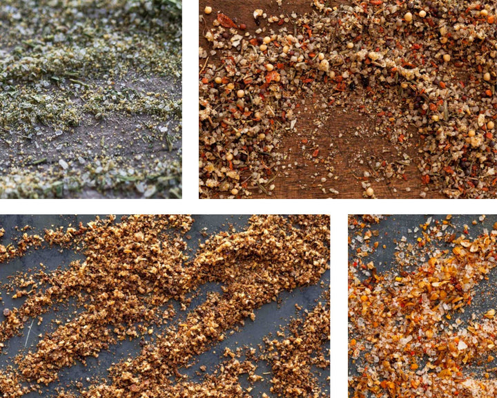 Seasoning blend granules in four close-up views, speckled brown and orange on dark