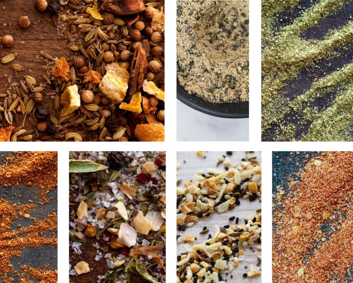 Assorted dried spice mixes with grains, seeds, herbs, and seasoning crumbs