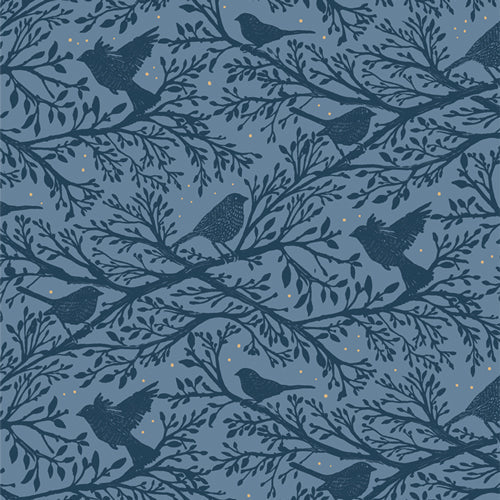 Bowl cover set fabric with branch and bird pattern in dusty blue and indigo.