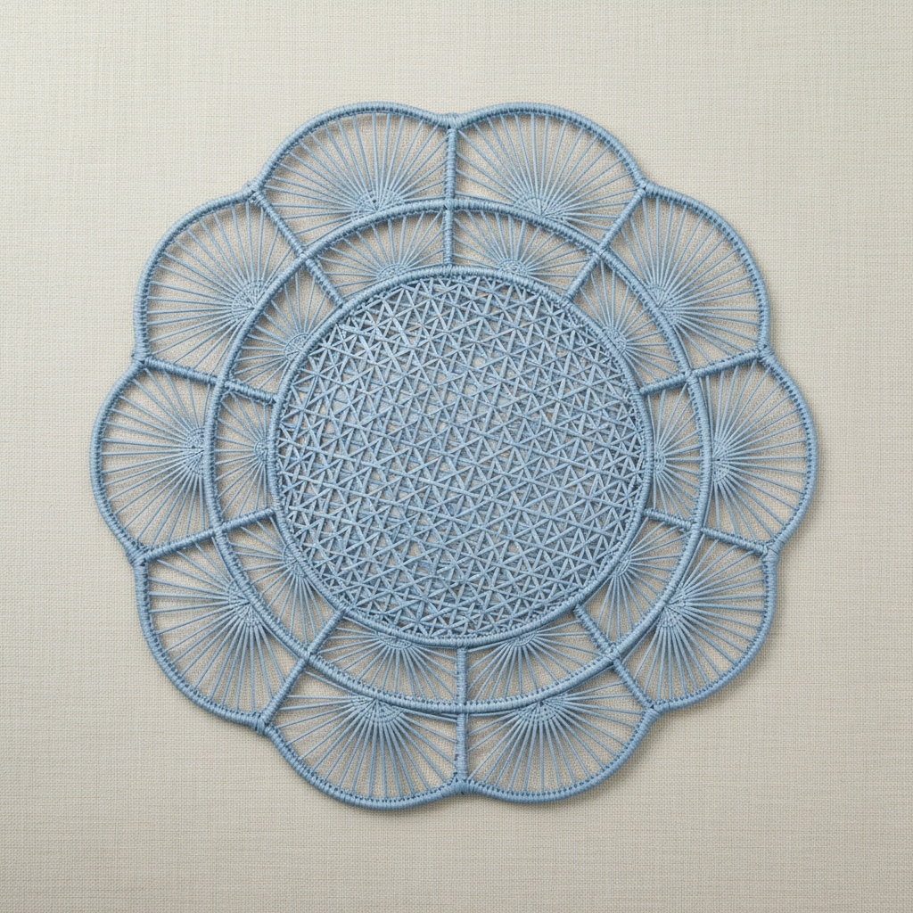 Handwoven iraca placemat in dark navy blue with circular floral fan weave