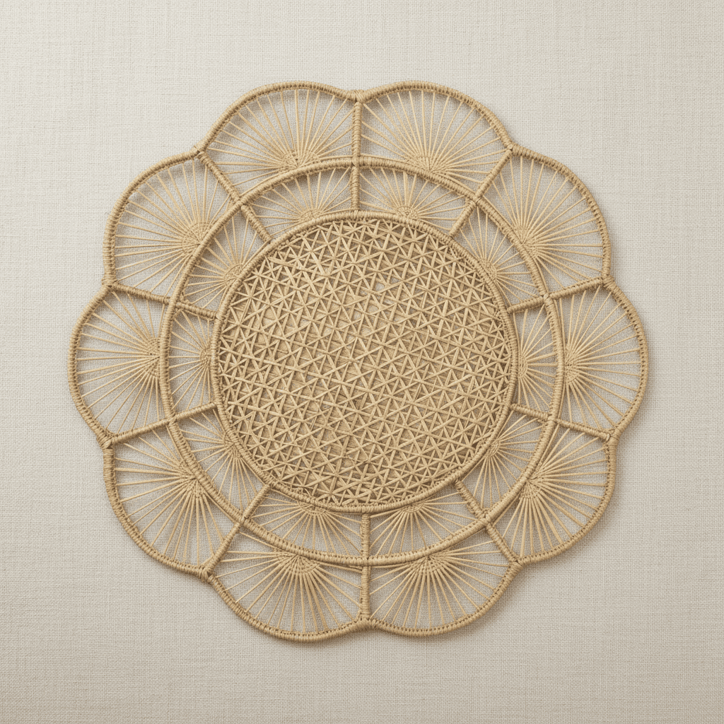 Handwoven iraca placemat with warm tan center, light straw petals, and golden trim
