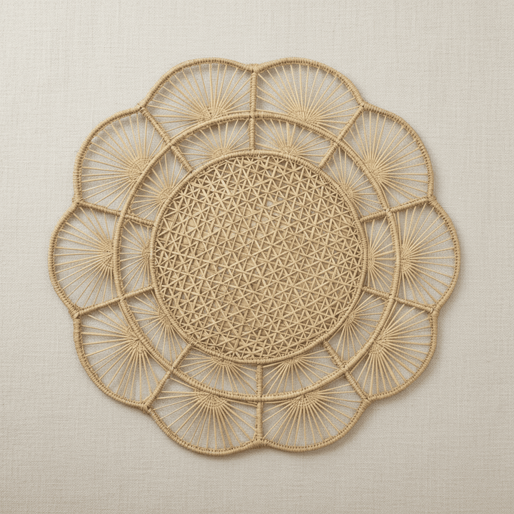 Handwoven iraca placemat with warm tan center, light straw petals, and golden trim