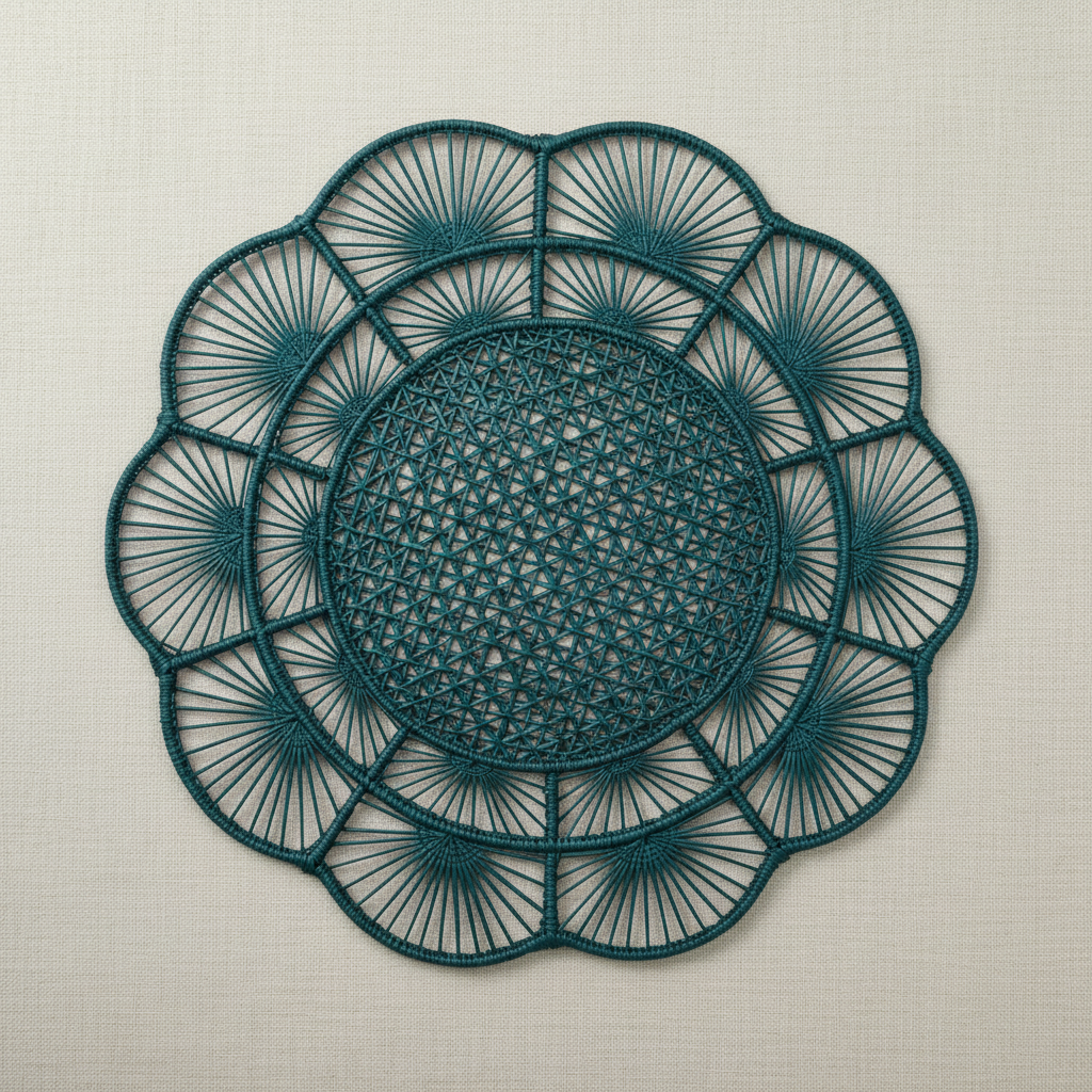 Handwoven iraca placemat with dark brown center and light petals, brown woven edge