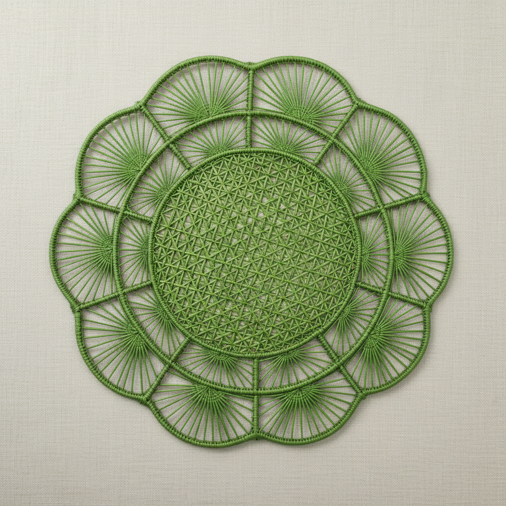 Handwoven iraca placemat with tan center and pale woven petals, golden border