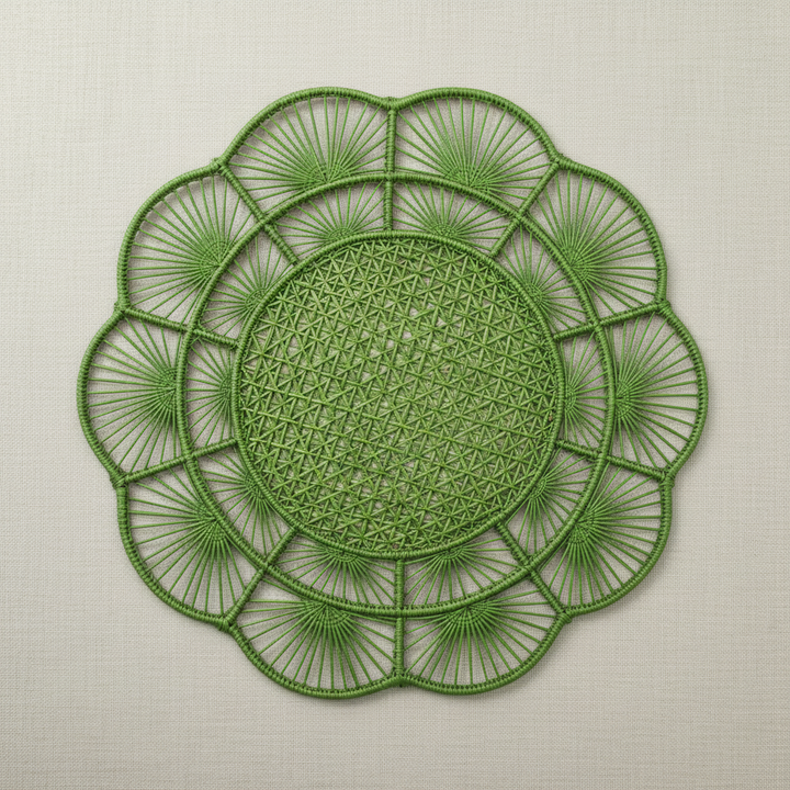 Handwoven iraca placemat with tan center and pale woven petals, golden border