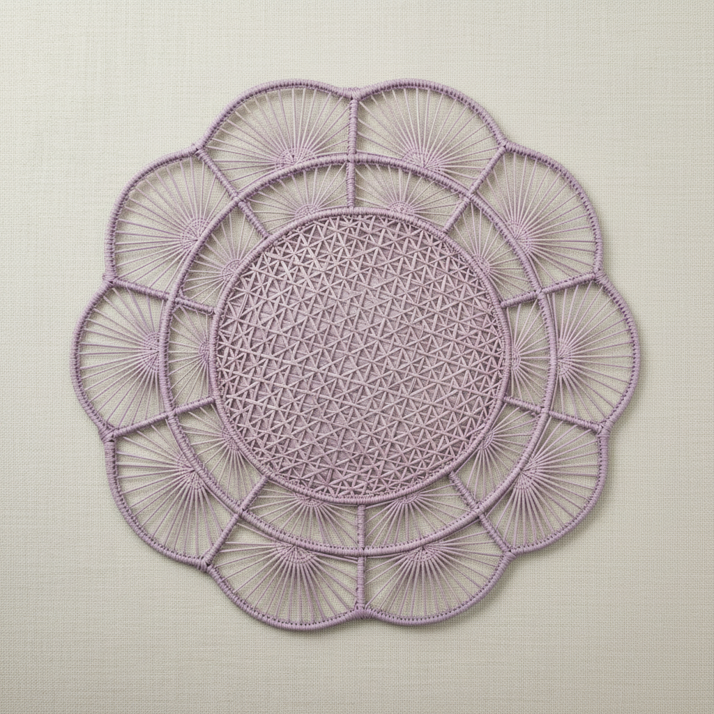 Handwoven iraca placemat with deep red center, white radial petals, and maroon border