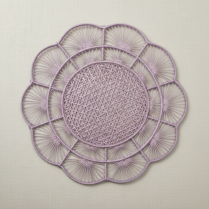 Handwoven iraca placemat with deep red center, white radial petals, and maroon border