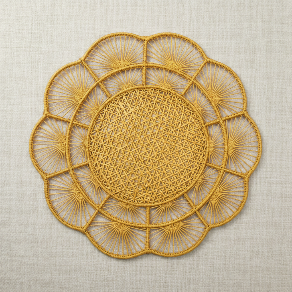 Handwoven iraca placemat in green with circular floral fan weave pattern