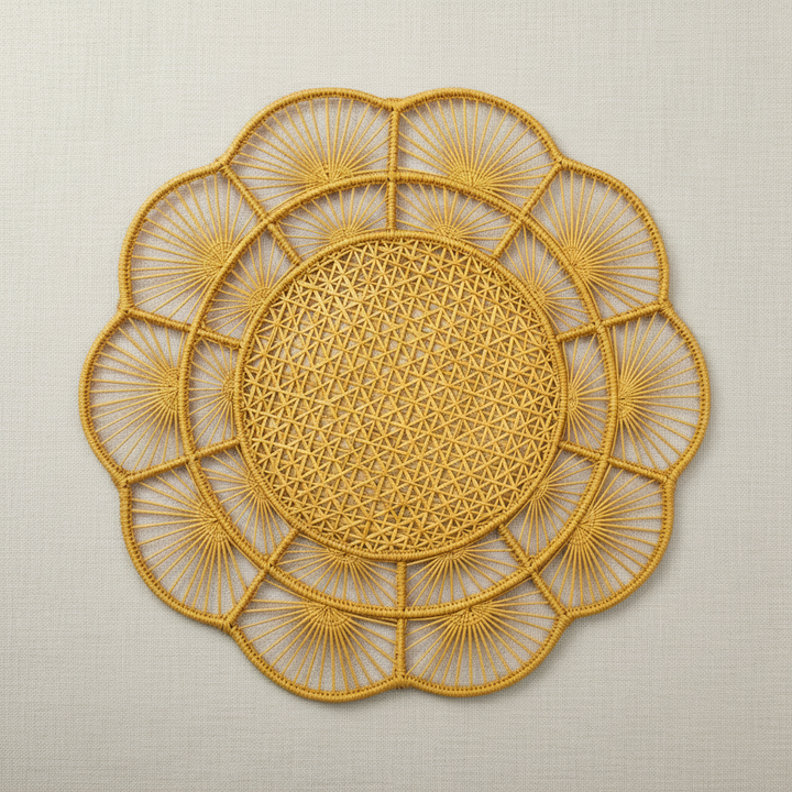 Handwoven iraca placemat in green with circular floral fan weave pattern