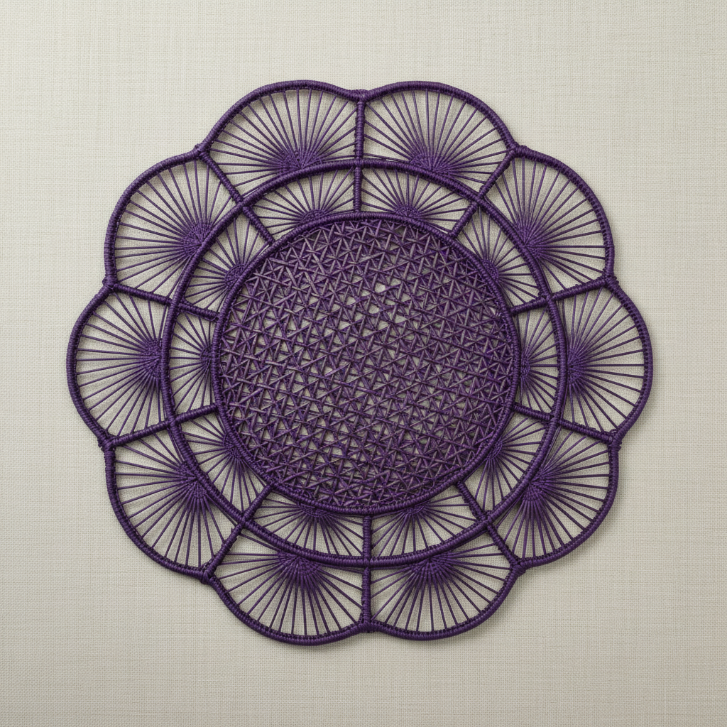 Handwoven iraca placemat with orange center, light petals, and orange braided rim