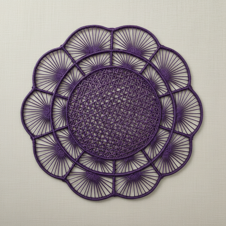Handwoven iraca placemat with orange center, light petals, and orange braided rim