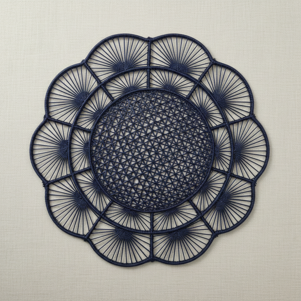 Handwoven iraca placemat in light blue with textured center and radiating woven petals