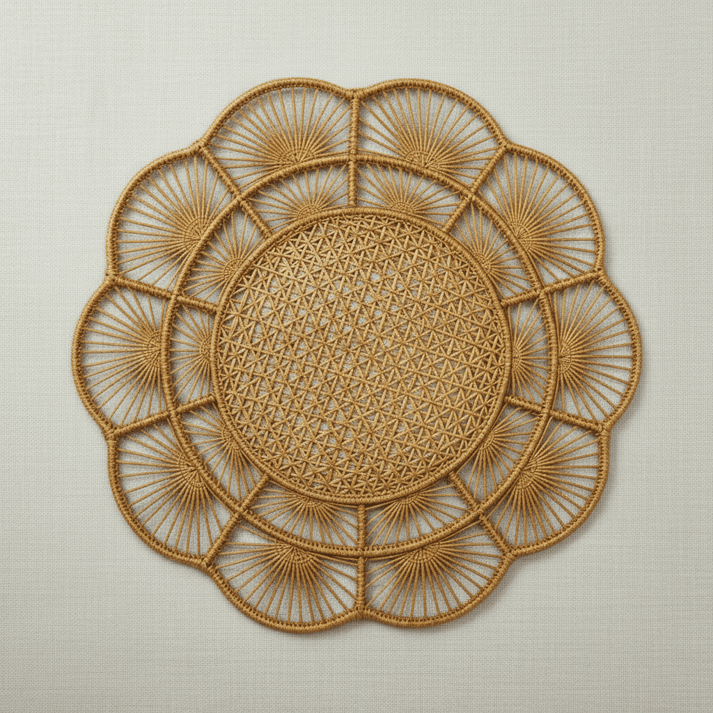 Handwoven iraca placemat in deep green with circular floral fan weave pattern