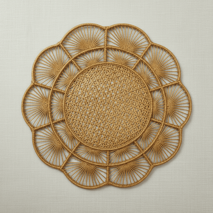 Handwoven iraca placemat in deep green with circular floral fan weave pattern