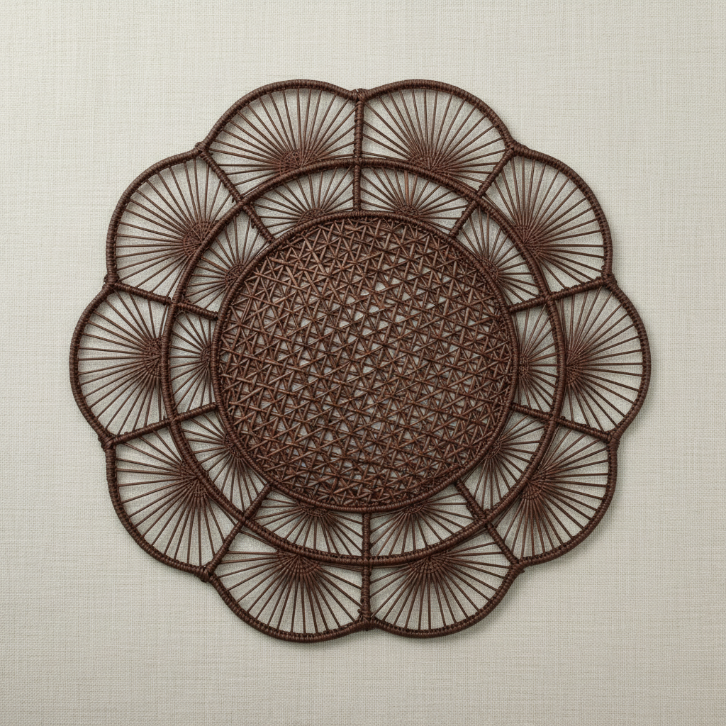 Handwoven iraca placemat in teal-green with textured center and radiating woven petals