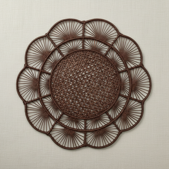 Handwoven iraca placemat in teal-green with textured center and radiating woven petals