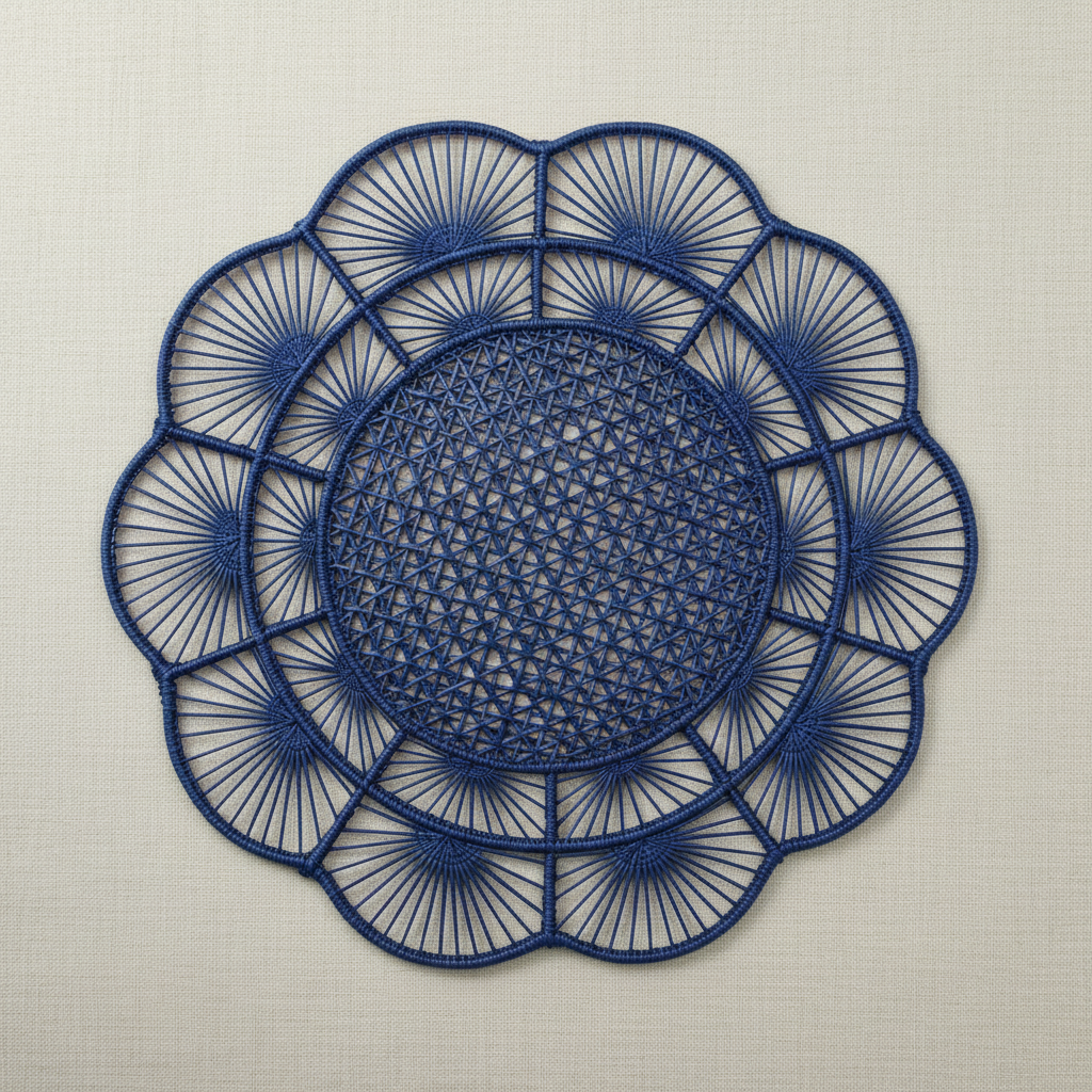 Handwoven iraca placemat in navy blue with dark center, lighter petals, and blue border