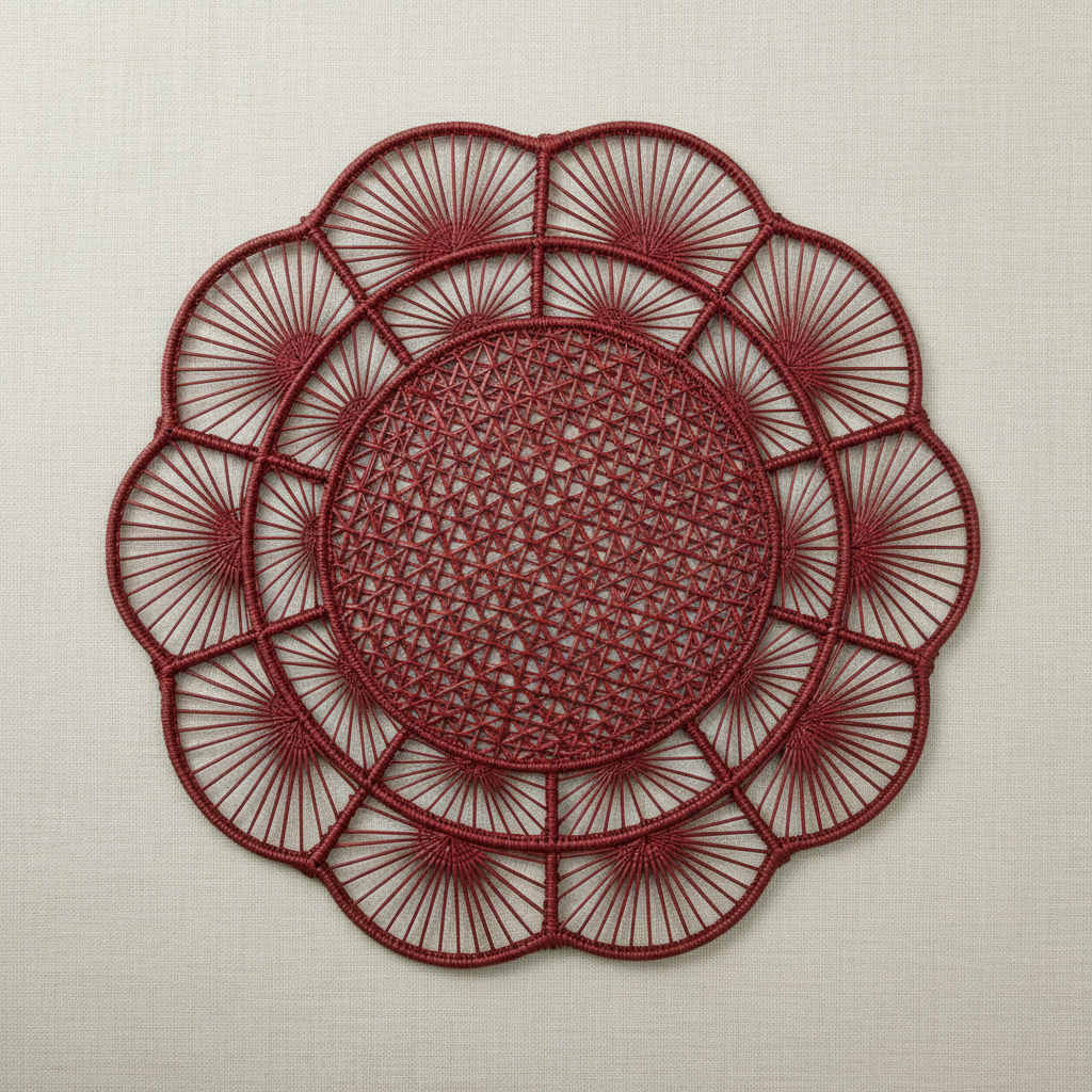 Handwoven iraca placemat in lavender with circular floral fan weave pattern