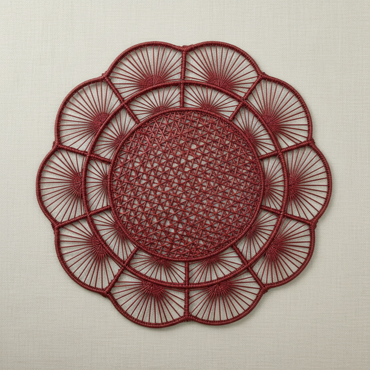 Handwoven iraca placemat in lavender with circular floral fan weave pattern