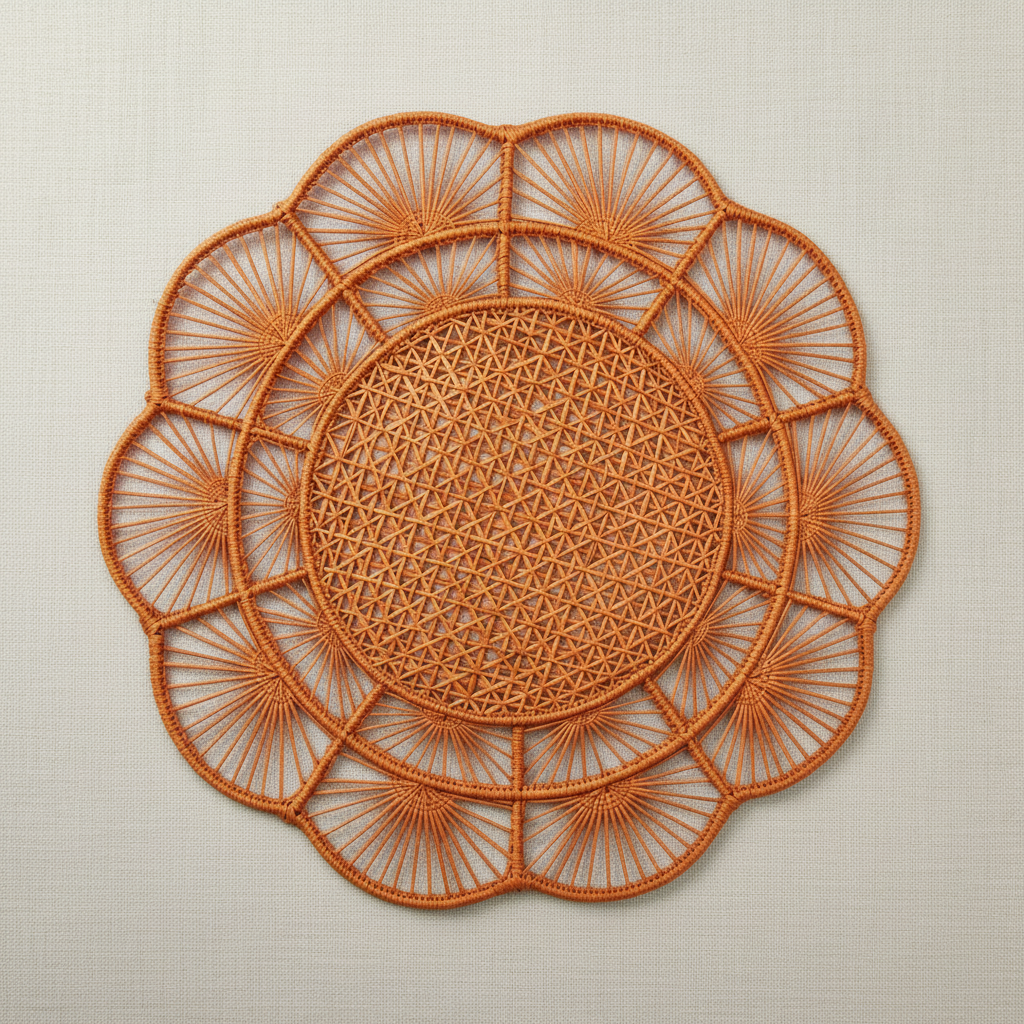 Handwoven iraca placemat with purple center, light lavender petals, and dark purple edge