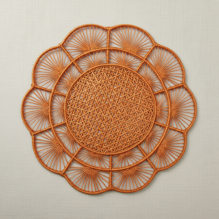 Handwoven iraca placemat with purple center, light lavender petals, and dark purple edge