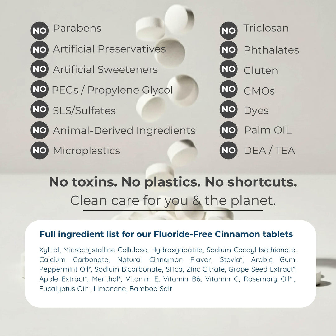 Toothpaste tablets with ingredient exclusions and clean-care label