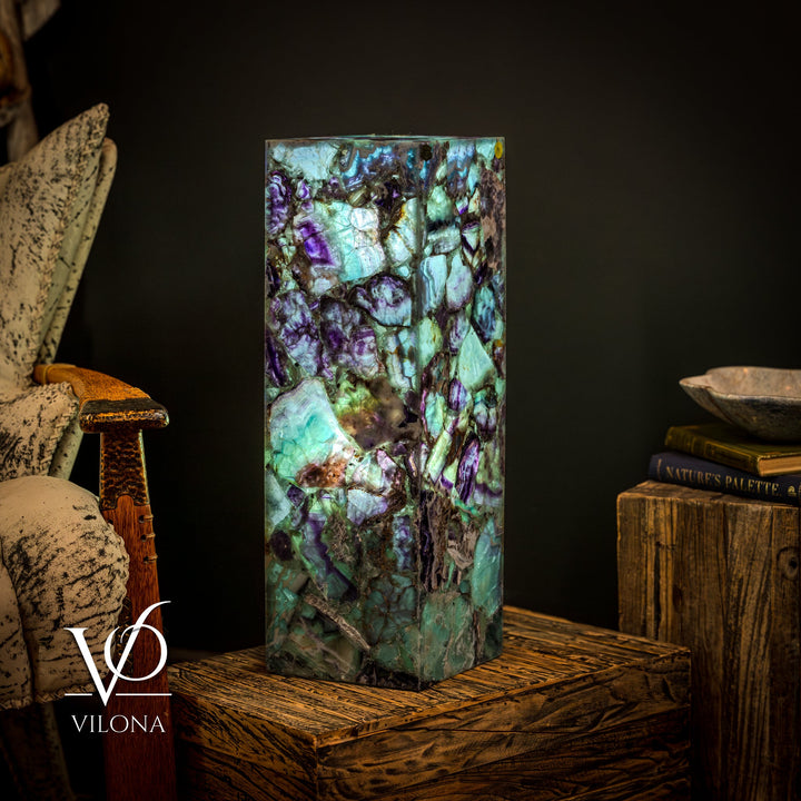 Fluorite crystal table lamp with tall square closed top, teal and purple stone texture