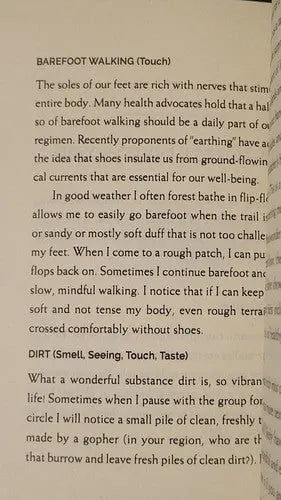 Forest bathing guidebook page titled "BAREFOOT WALKING (Touch)" with printed text.
