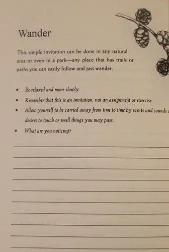 Forest bathing guidebook page titled "Wander" with short advice and blank lines.