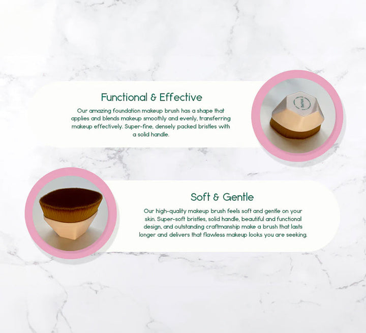 Foundation makeup brush with soft brown bristles on a white dome handle