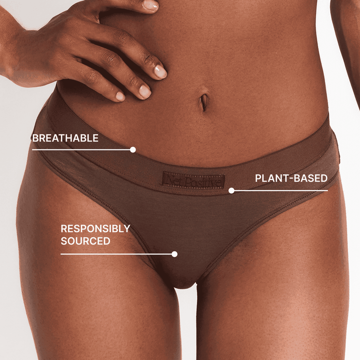 Dark brown mid-rise brief close-up on waistband and leg edge; breathable plant-based design.