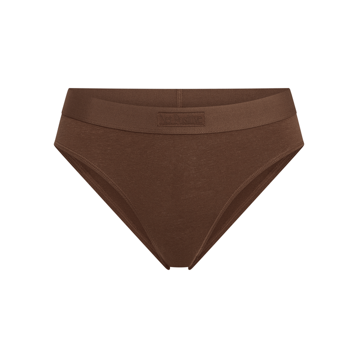 Dark brown mid-rise brief, flat lay showing waistband and simple triangle front panel.