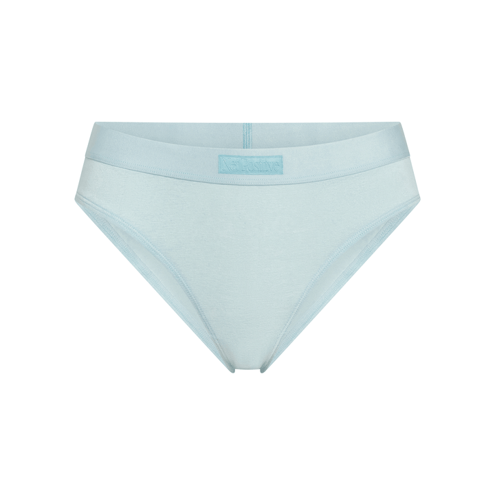 Light blue mid-rise briefs, flat lay with “Net Positive” waistband label