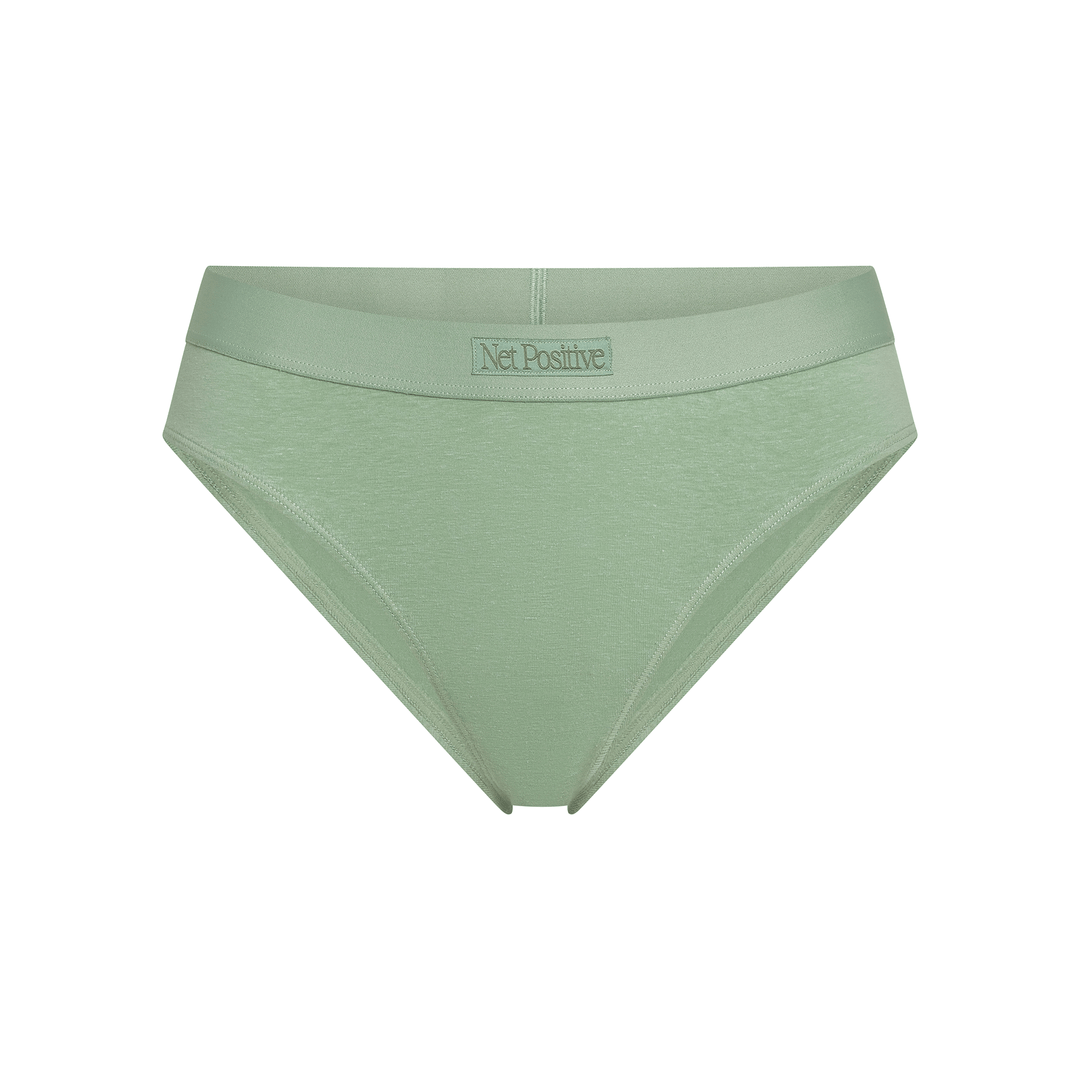 Sage green mid-rise briefs, flat lay with “Net Positive” waistband label