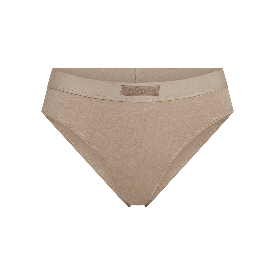 Mid-rise briefs, solid tan stretch knit with wide smooth waistband