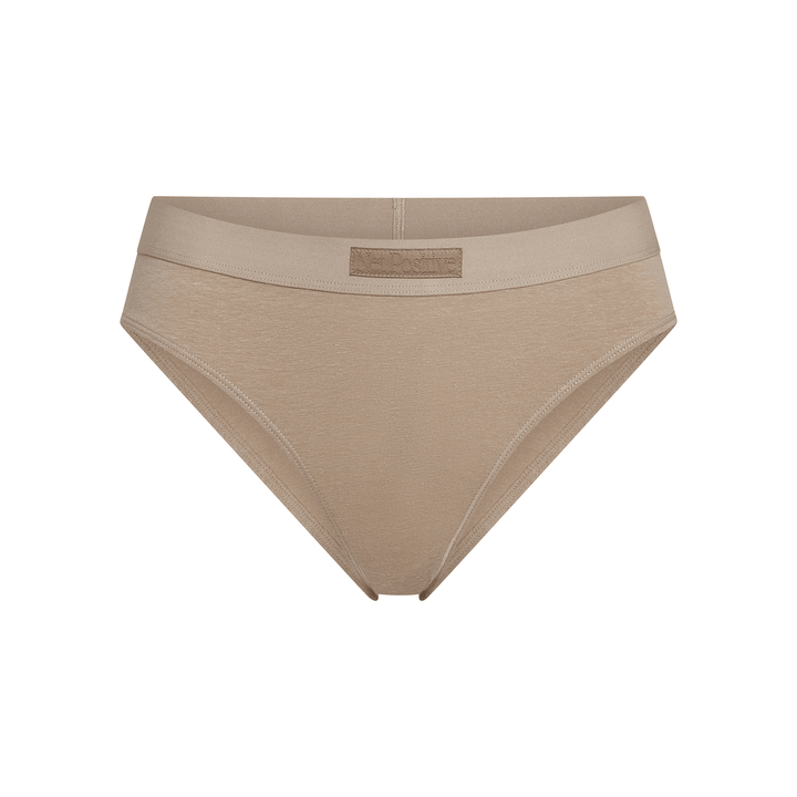 Mid-rise briefs, solid tan stretch knit with wide smooth waistband