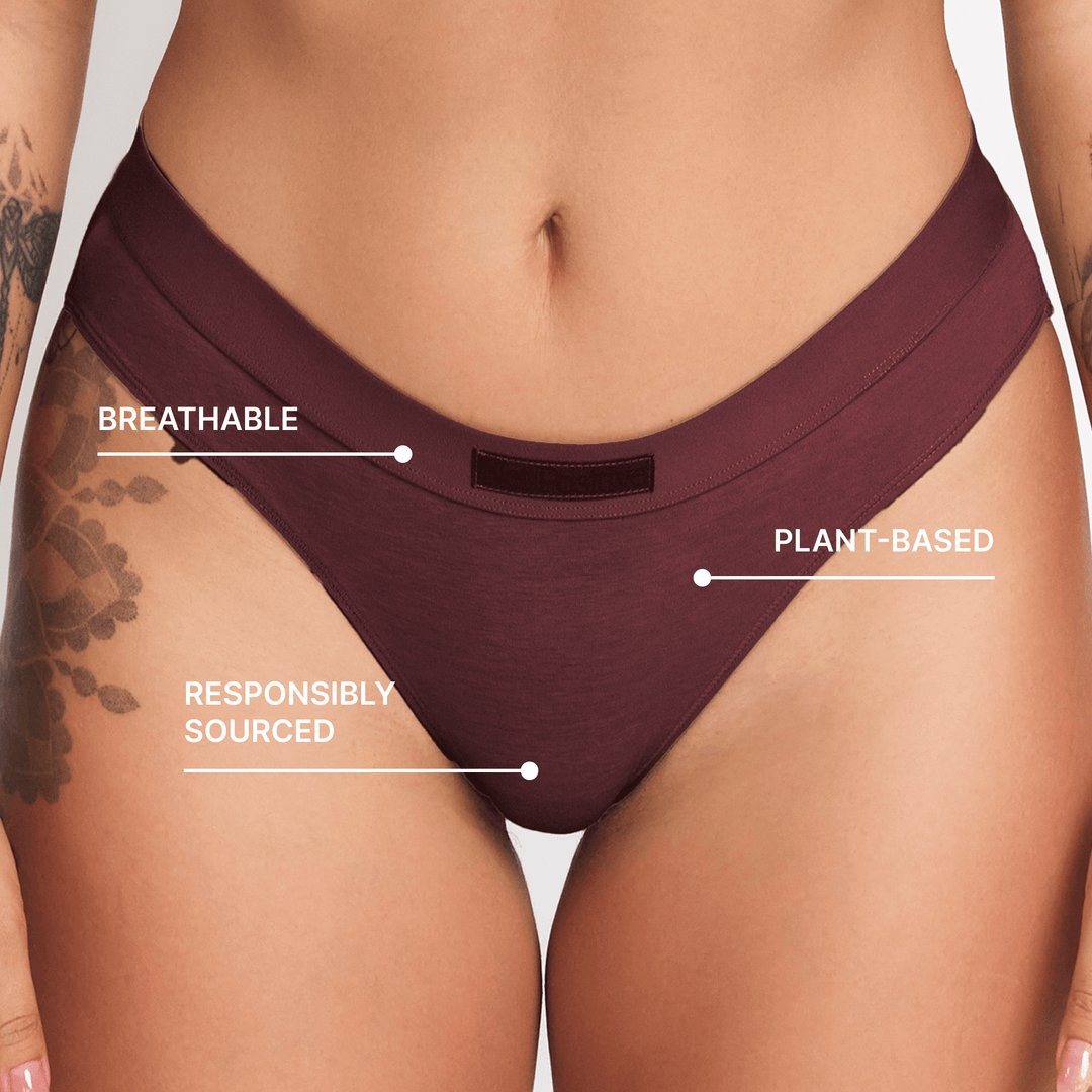 Burgundy mid-rise brief with small back waistband tag and high-cut leg openings.