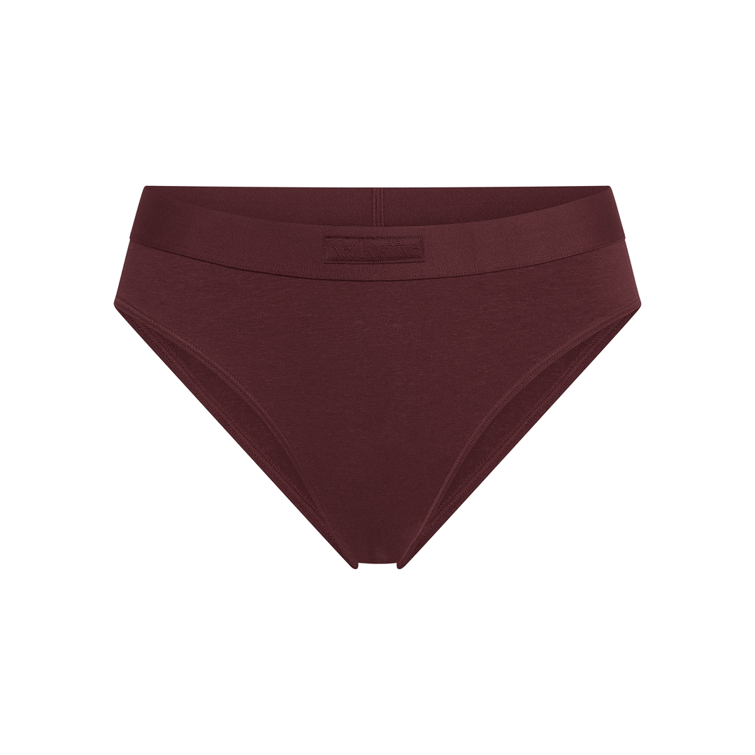 Burgundy mid-rise brief flat lay with folded waistband and centered front seam.